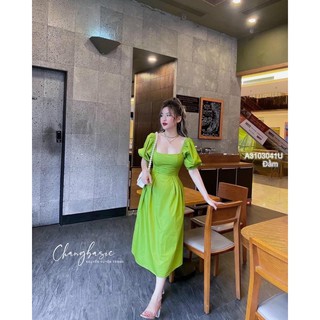 Đầm xanh tay phồng cổ vuông form dài!  giá 200k