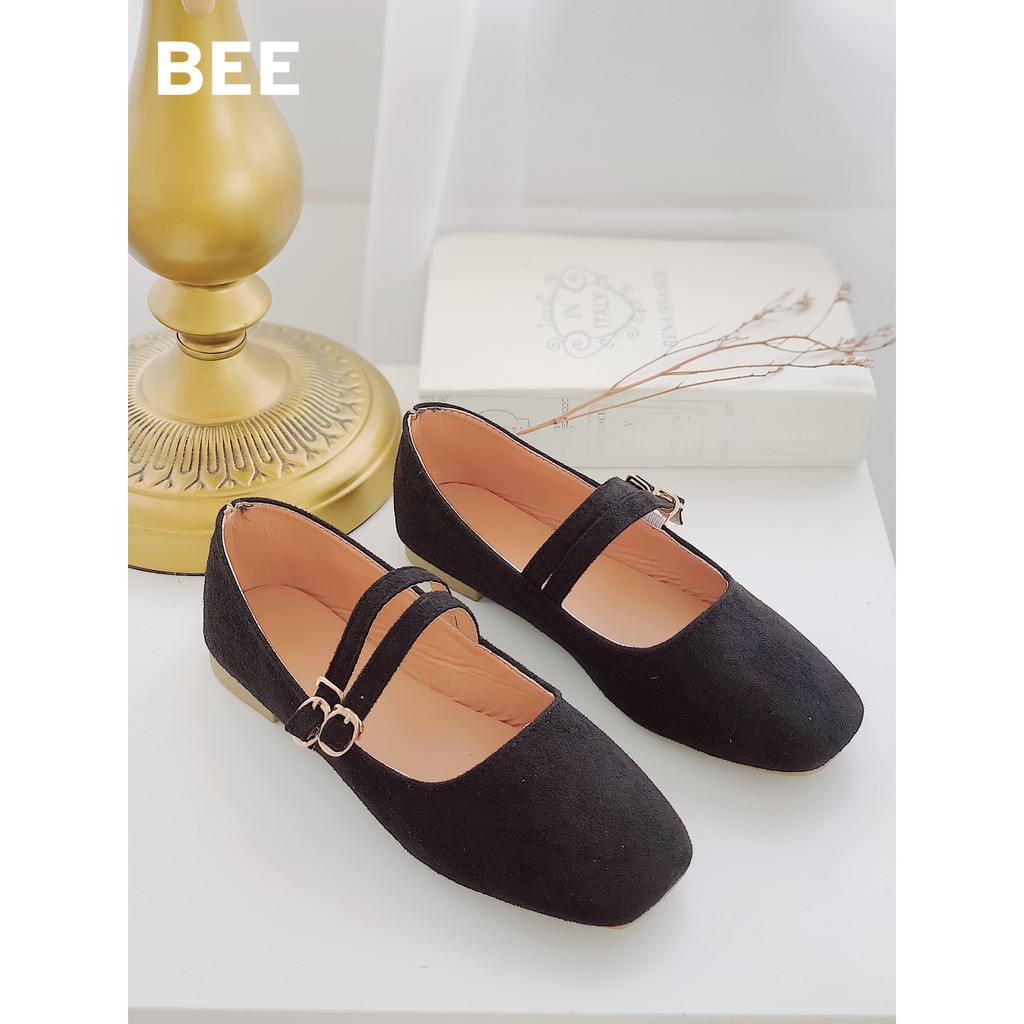 BEESHOES - GIÀY BÚP BÊ NỮ MŨI VUÔNG DẾ BẰNG ĐI SIÊU ÊM SIÊU MỀM - GIÀY NỮ 2 QUAI NGANG ĐI ÔM CHÂN  MÀU ĐEN-BE