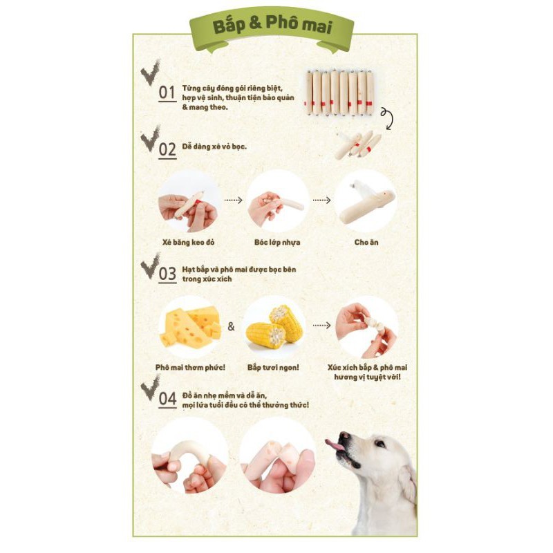 1Cây🐶XÚC XÍCH PHÔ MAI & BẮPlà món ăn nhẹ giàu dinh dưỡng dành cho chó với sự kết hợp của thịt, cá, phô mai giàu canxi.