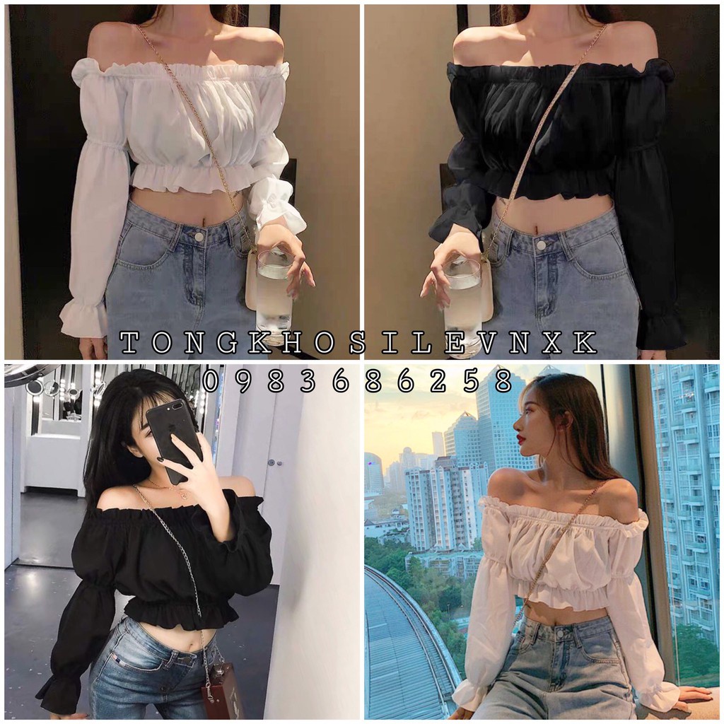 (loại mới) ÁO TRỄ VAI TIỂU THƯ CHUN BỒNG TAY DÀI VIỀN BÈO NHÚN ULZZANG - ÁO TRỄ VAI CROPTOP ĐEN TRẮNG