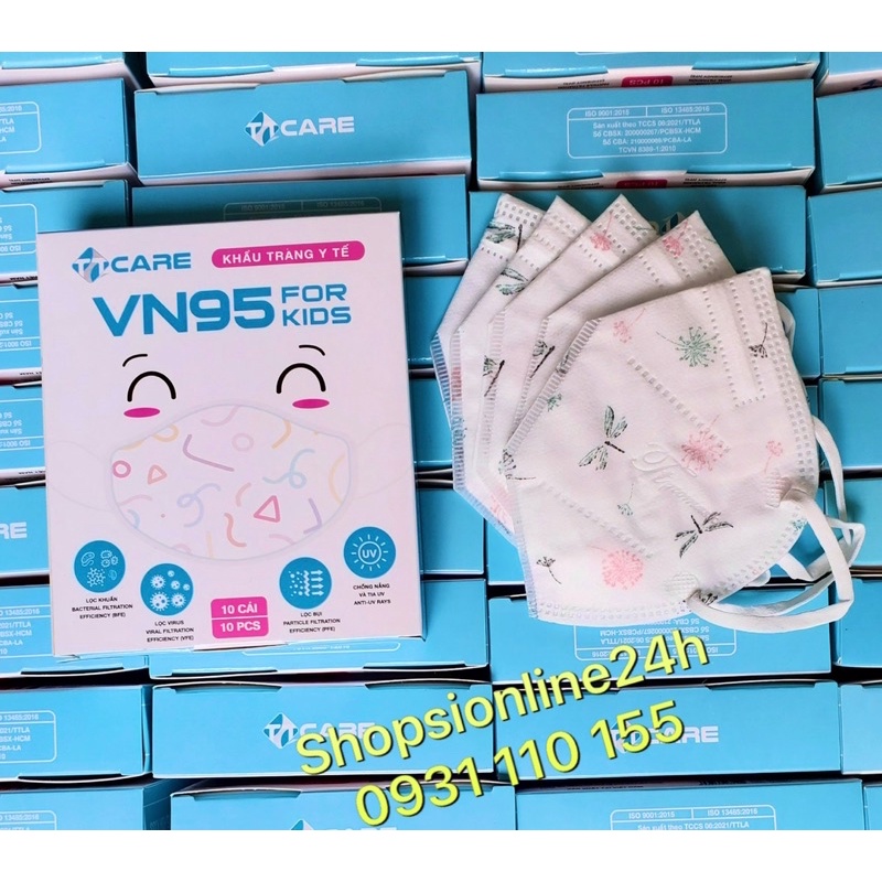 ✅ Hộp 10 cái khẩu trang y tế VN95 TTCARE mẫu Hoa đỏ cho bé dưới 7 tuổi