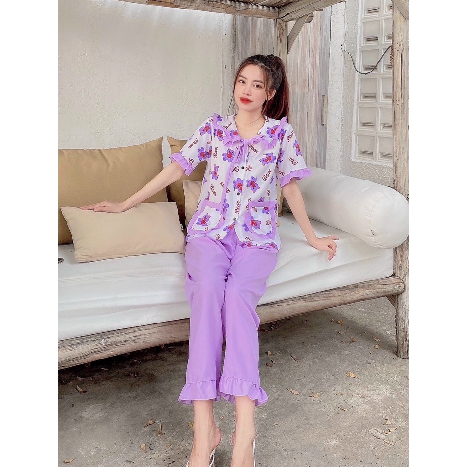 Set Đồ ngủ nữ Pijama dễ thương, Bộ mặc nhà nữ kate lụa họa tiết cute Freesize dưới 57kg