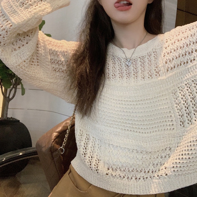 Áo Crop Top Dệt Kim Tay Dài Cổ Tròn Dáng Ôm Khoét Rỗng Thanh Lịch