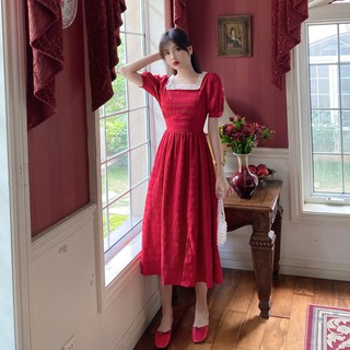 Đầm Đỏ Vintage Cổ Vuông Đính Hạt - kèm ảnh shop tự chụp (3 hình cuối)