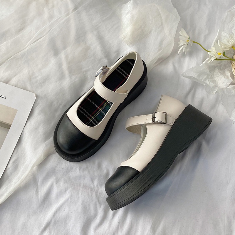 Giày Lolita Nữ Ulzzang Hàn Quốc Mũi Đen Trắng Quai Ngang Đế Cao LLT003-ZOEE