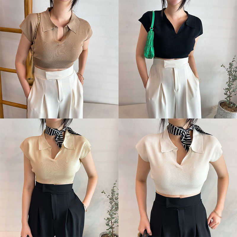Áo Thun Dệt Kim Tay Ngắn Cổ Bẻ Màu Trơn Dáng Ôm Thời Trang Cho Nữ