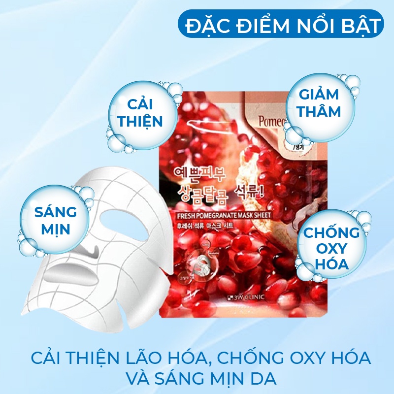 Combo 10 Túi Mặt Nạ Giấy Dưỡng Trắng Da Dưỡng Ẩm Chiết Xuất Từ Lựu Đỏ 3w Clinic Hàn Quốc Giúp Da Mềm Mịn 23mlx10