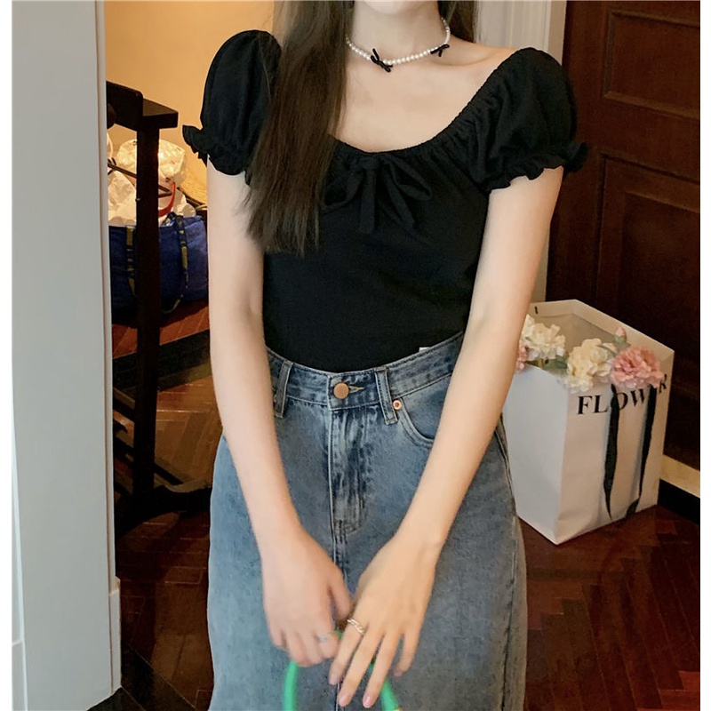 Áo Ngắn Trễ Vai Đính Nơ Dễ Thương Thời Trang Cho Nữ