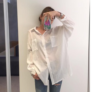 Aó sơ mi trắng mỏng Ulzzang áo sơ mi trắng có túi trước khoác mỏng nhẹ