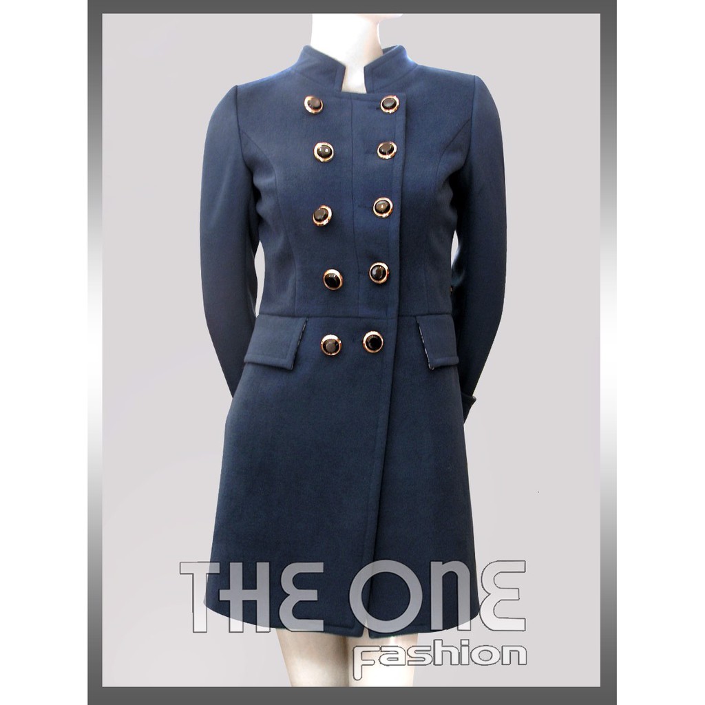 Áo măng tô tay dài dạ lì xanh cổ nam không chân 2 hàng khuy chéo The One Fashion AKD03XD1