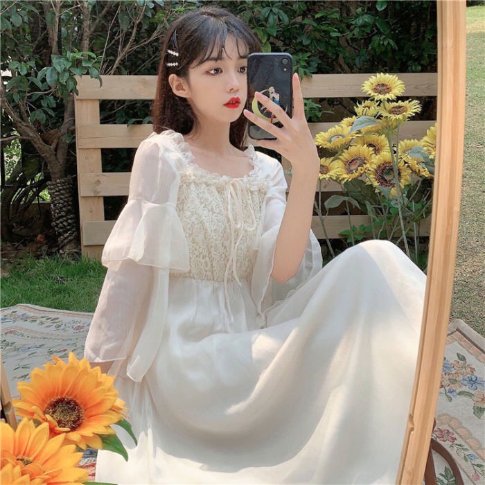 (SẴN) Váy/ đầm công chúa tay xoè dáng dài voan tây bồng Ulzzang hàn quốc, bánh bèo dễ thương V00054