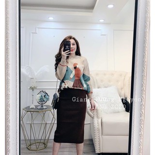 Set Bộ Nữ, Set Áo Len In Hình Cô Gái Mix Cùng Chân Váy Bút Chì Màu Trơn Thời Trang Thu Đông Sang Chảnh.