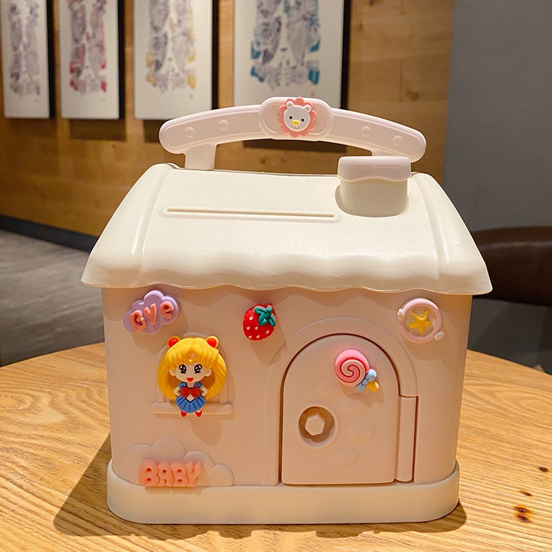 Hộp đựng tiền tiết kiệm hình ngôi nhà có khóa dễ thương kèm sticker, két sắt mini cho bé