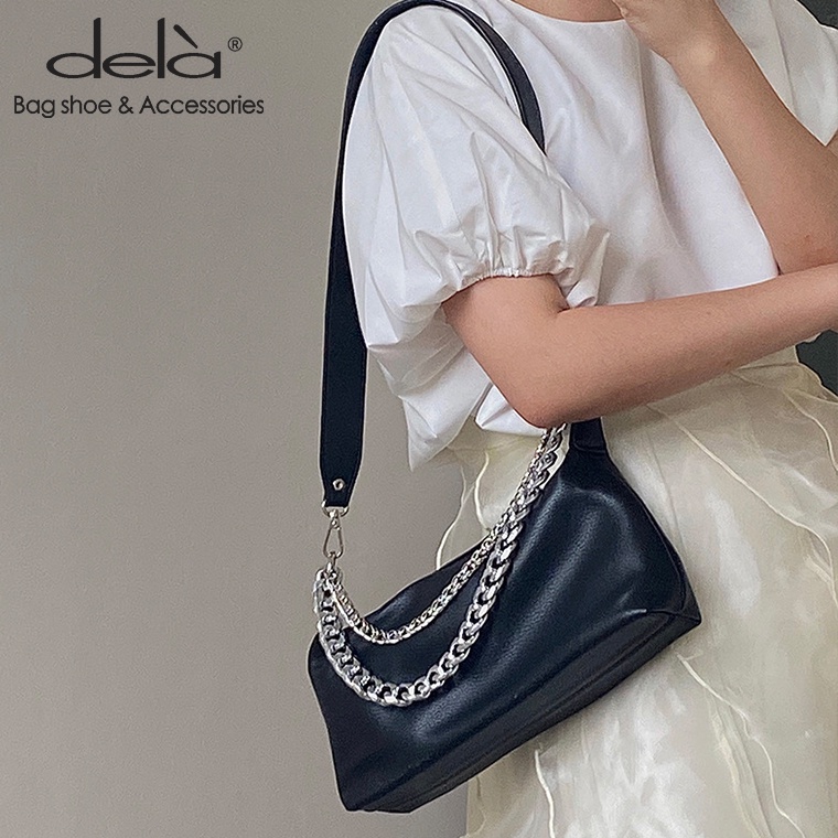 Dela Túi đeo dưới cánh tay Bằng Da Mềm Dày Dặn Phối Dây Đeo Sợi Xích Thời Trang Cho Nữ