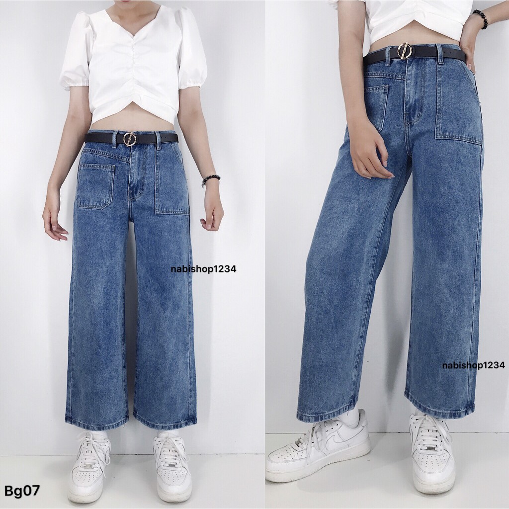 BG07 Quần Baggy Jean Lưng Cao Ống Rộng Xanh Đậm (ảnh thật tự chụp)