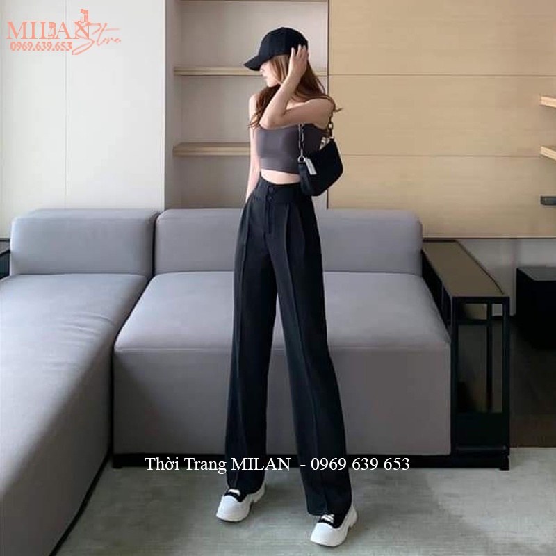 Quần ống rộng cạp cao 2 khuy nữ đi học làm công sở vải tuyết mưa mềm màu đen dáng quần ống suông nữ eo lưng cao học sinh