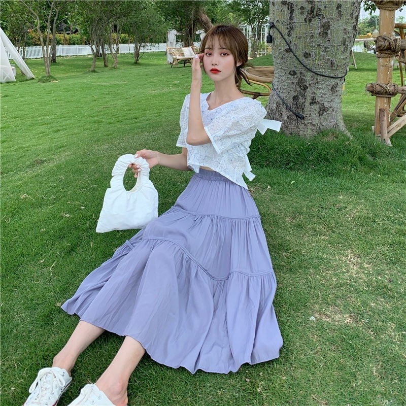 Set Áo Ngắn Tay Cổ Chữ V Thắt Nơ + Chân Váy Lửng Xếp Ly Thời Trang Mùa Hè Mới