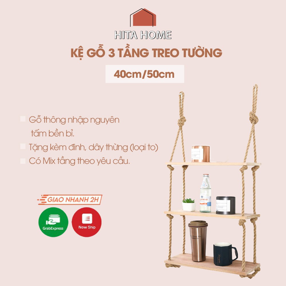 Kệ gỗ treo tường 3 tầng tặng kèm đinh, dây