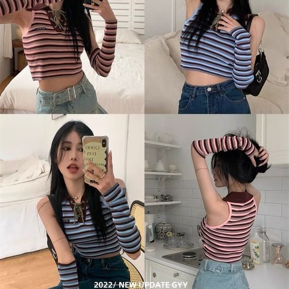 Hot girls lace-up striped neck vest suspender women's summer 2022 new style short off-shoulder top suit for inside and outside wear