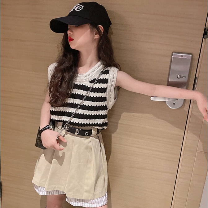 Bộ Áo Thun Kẻ Sọc Phối Chân Váy Ngắn Kiểu Hàn Quốc Xinh Xắn Cho Bé Gái 4-5-6 Tuổi 6-7 Tuổi Từ 8-9 Tuổi 9-10-10 Tuổi 5-6 Tuổi