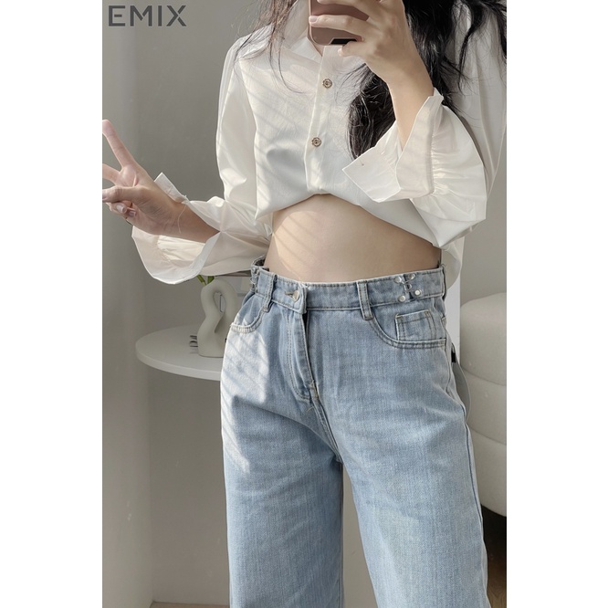 Quần jeans nữ cạp cao EMIX, quần ống suông dáng dài, khóa móc cài, có túi, ống vừa, ít giãn Jeanmoccai
