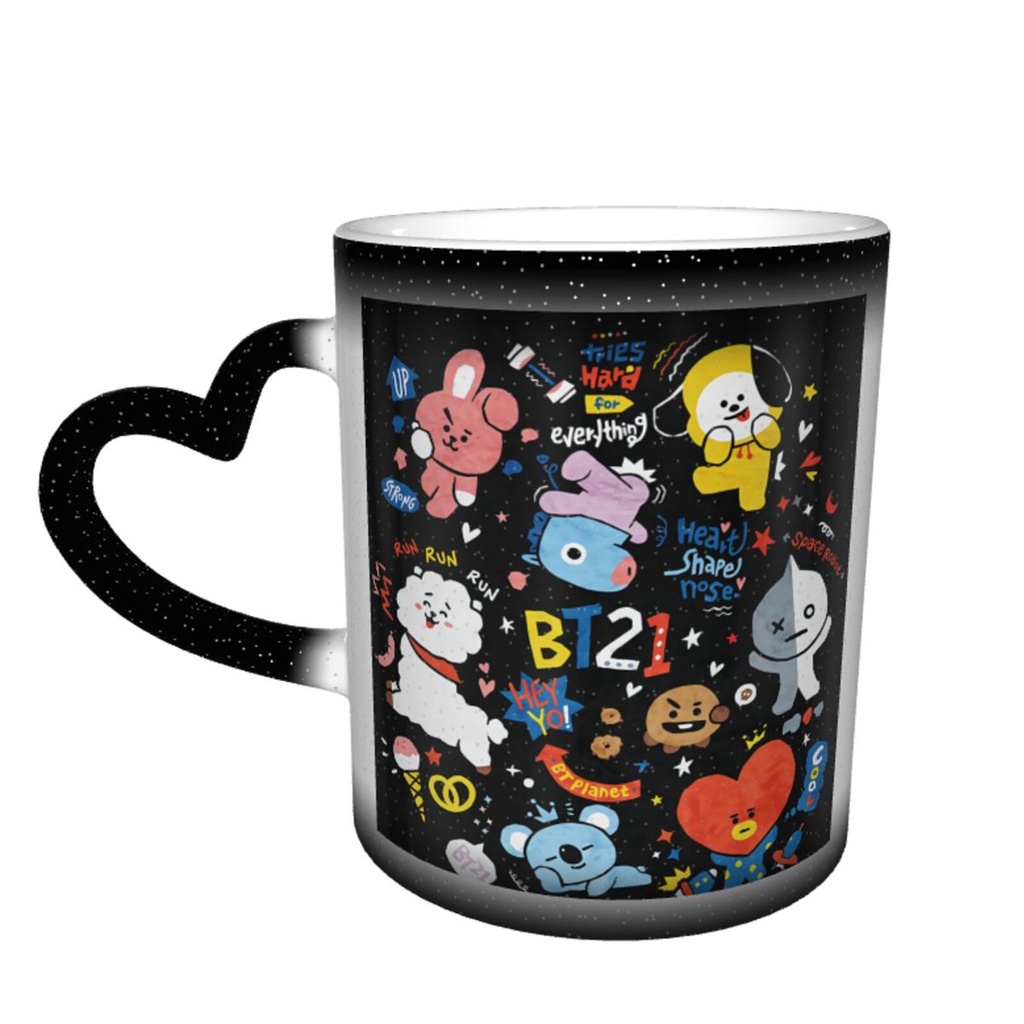 Cốc sứ uống cà phê màu đen In hoạt hình BT21 có thể thay đổi màu sắc