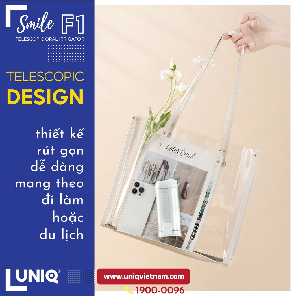 Tăm nước cầm tay UNIQ x CRENOT Smile F1 mini động cơ Nhật Bản cao cấp máy vệ sinh răng miệng xịt rửa làm sạch kẽ niềng