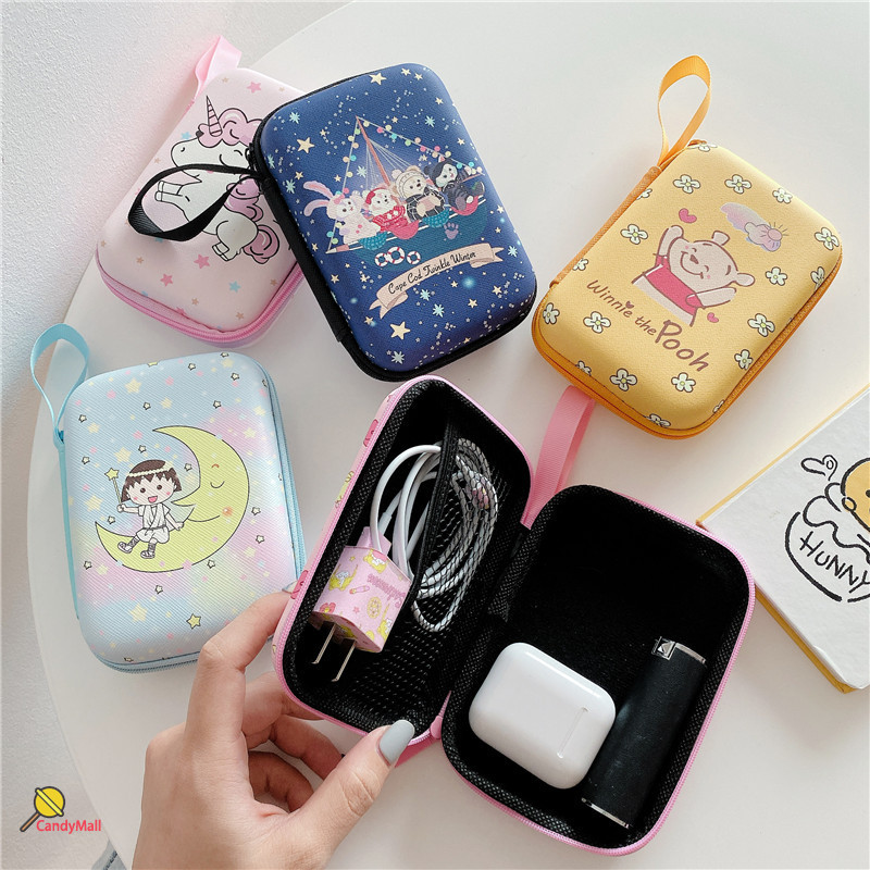 Túi đựng ổ cứng ngoài/ cáp nguồn/powerbank/Mp5 HDD có khóa kéo in họa tiết hoạt hình Winnie the Pooh/ kỳ lân/ kỳ lân dễ thương