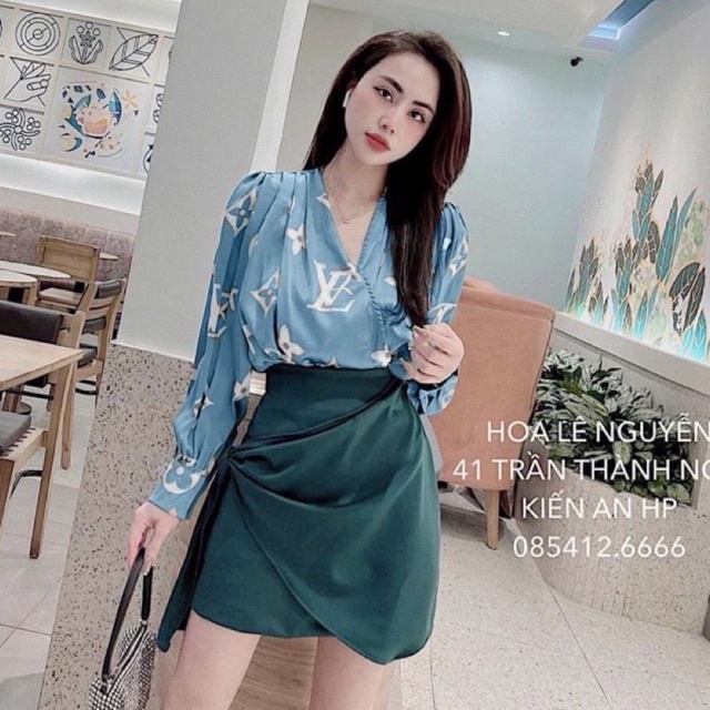 Set bộ áo sơ mi suông lv tay bồng mix chân váy a siêu sang L1 om su mh