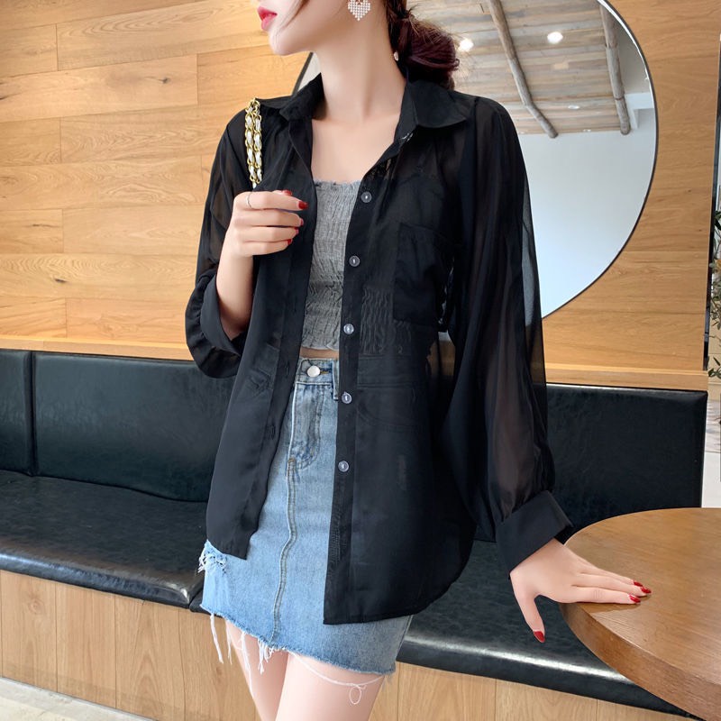 Áo Sơ Mi Voan Mỏng SUNNNY Áo Sơ Mi Dài Phong Cách Đơn Giản