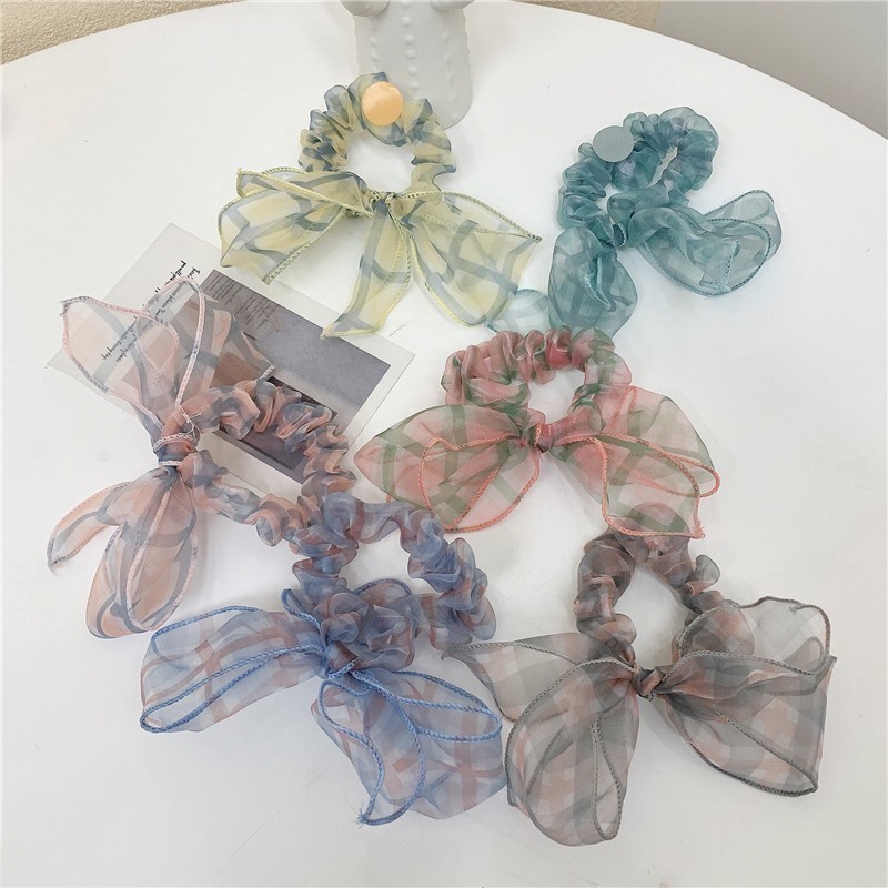 S40 Scrunchies vải voan sọc thắt nơ