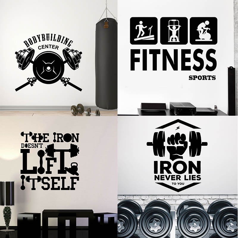 Miếng Dán Tường Vinyl Hình Logo Người Sắt / Quả Tạ / Cơ Bắp Tập Thể Hình