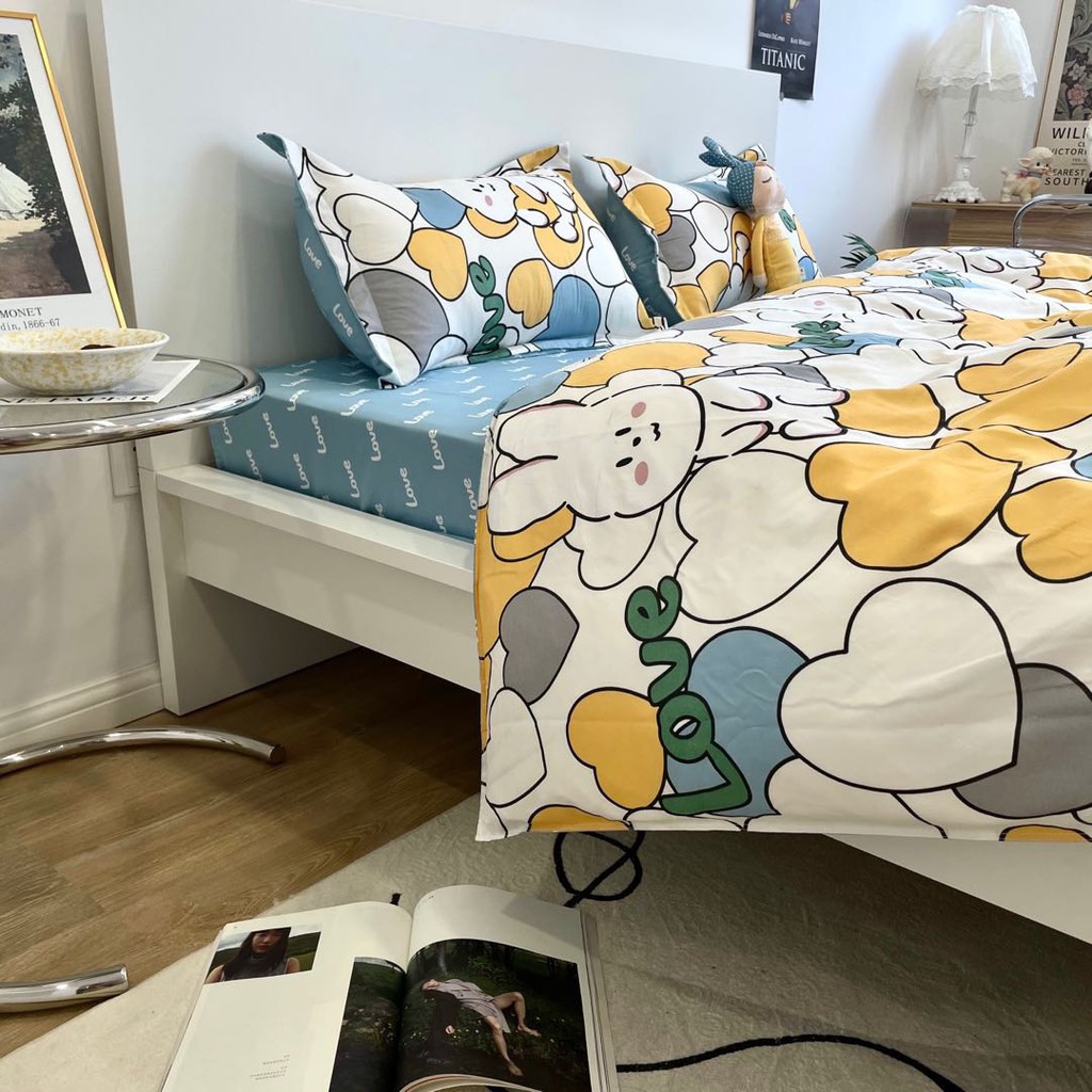 Bộ chăn ga gối phong cách Hàn Quốc - Mèo trái tim ( không kèm ruột )