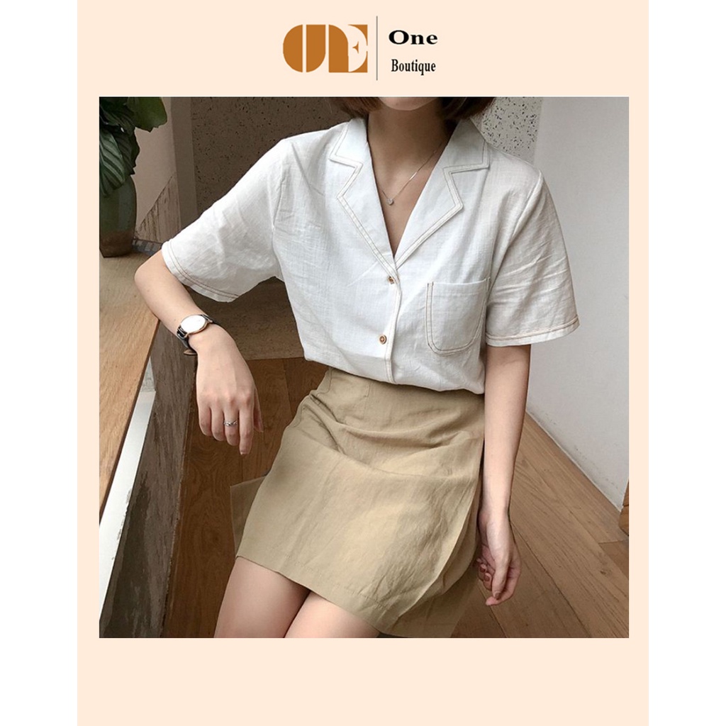 Áo sơ mi trắng cộc tay cổ V, sơ mi viền cổ vintage One Boutique