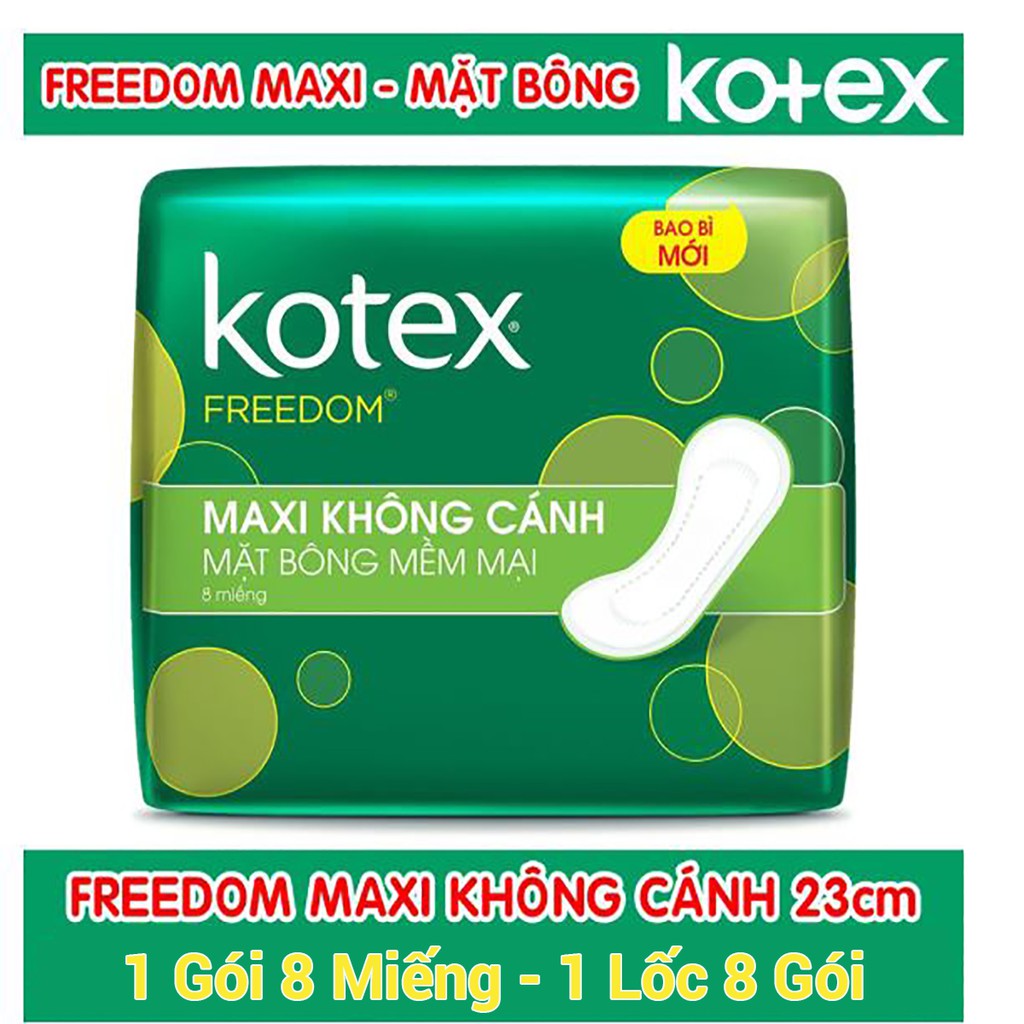 Băng Vệ Sinh Kotex Freedom Maxi Dày Không Cánh Mặt Bông 23cm ( 1 Gói 8 Miếng - 1 Lốc 8 Gói )