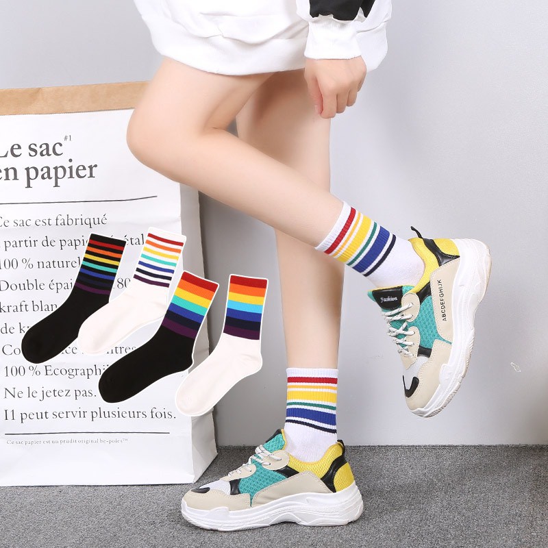 Tất cao cổ Vemico kẻ cầu vồng phong cách Unisex cực đẹp TN51