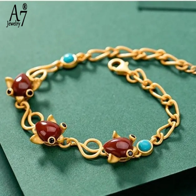 Vòng Tay Mạ Bạc 925 Hình Cá Đính Đá Ngọc Lam/Đá A7 S925 Thời Trang Cho Nữ