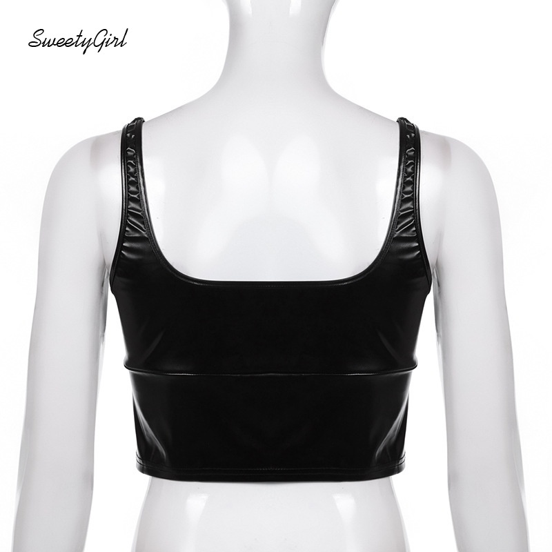 Áo tank top cổ chữ U hở lưng màu trơn chất liệu da PU gợi cảm cho nữ