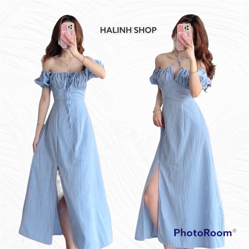 Váy Đầm Nữ Maxi Xanh Xẻ Vạt - Halinh Shop - Váy Đũi Dáng A Dúm Ngực Thắt Nơ Cổ Mặc 2 Kiểu Cổ Vuông Trễ Vai S M
