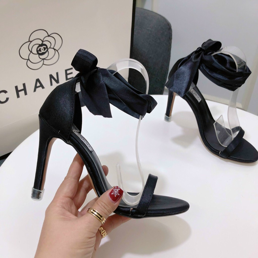 Sandal cao gót 9P quai dây lụa thắt nơ Sang chảnh
