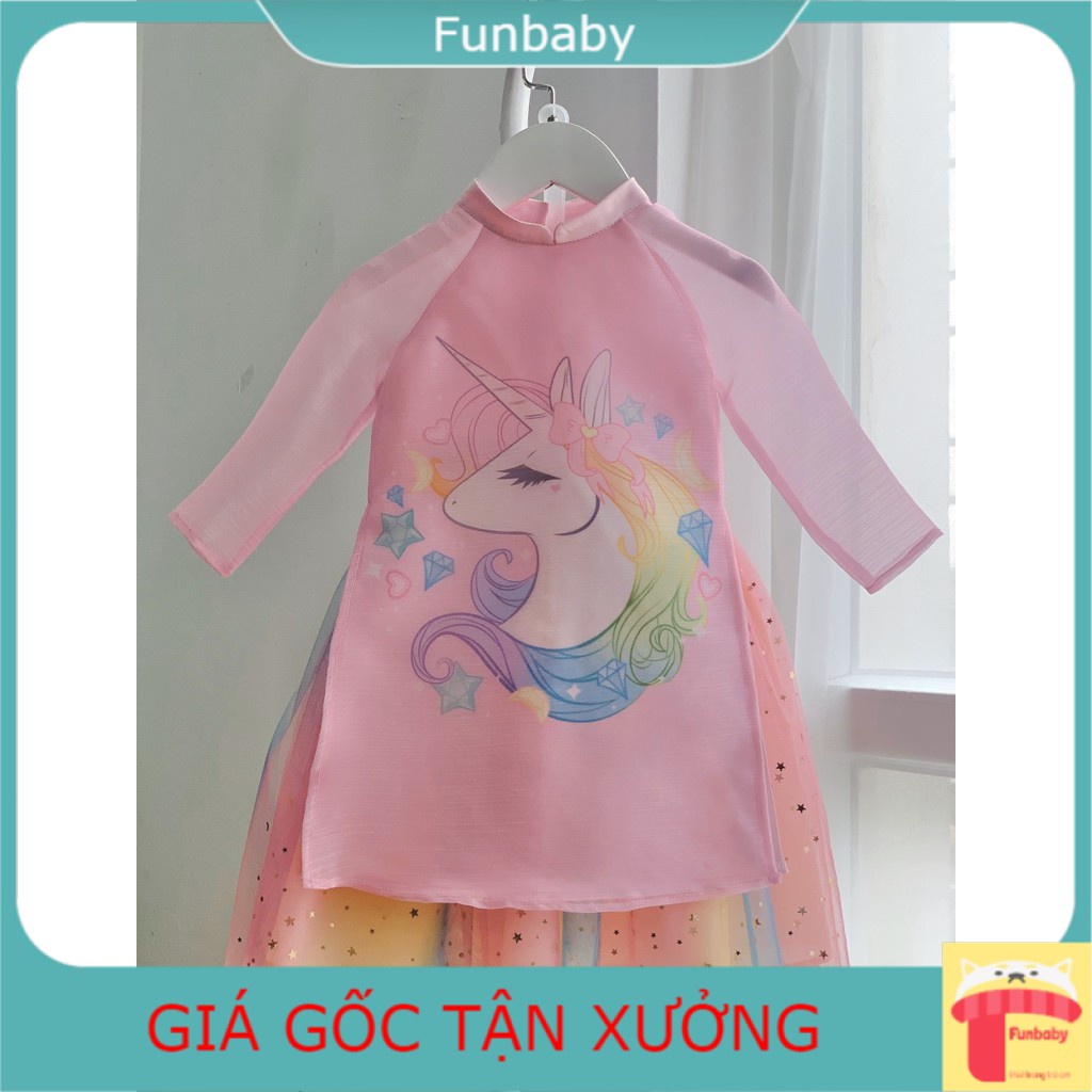 Áo dài tết cho bé gái 1-10 tuổi vải tơ nhũ xước ánh kim phối màu hình ngựa pony