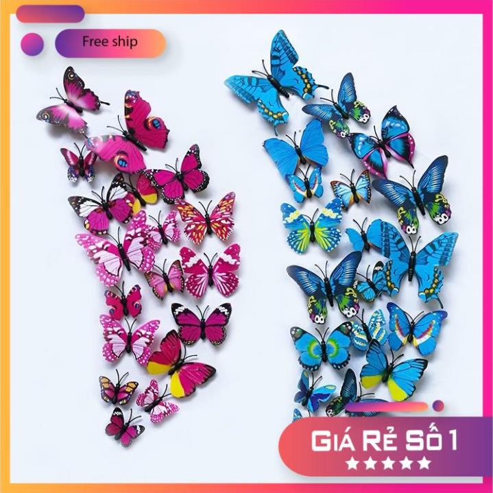 Set 12 Miếng Dán Tường Trang Trí Hình Con Bướm 3D Nhiều Màu Sắc Nghệ Thuật