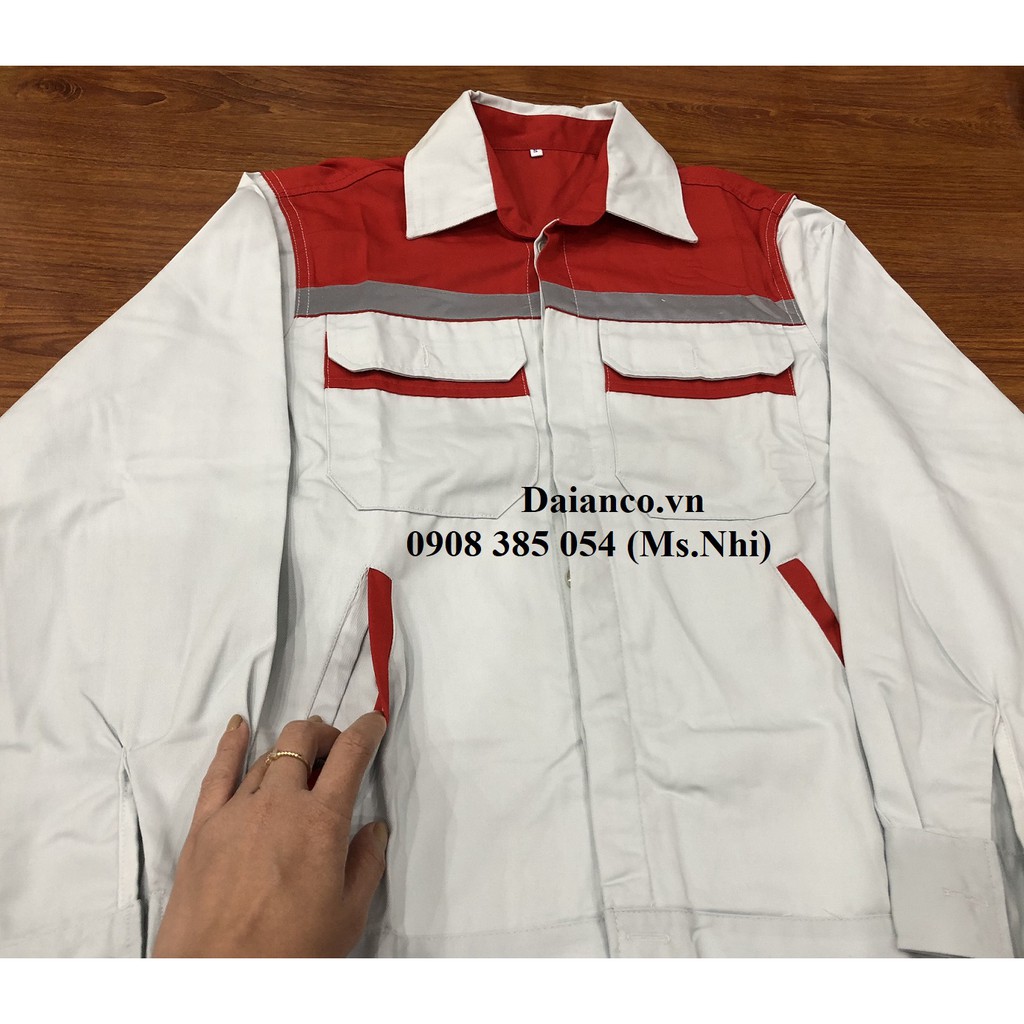 Quần áo bảo hộ vải kaki màu ghi trắng phối đỏ DN12- Hình thật, hàng sẵn