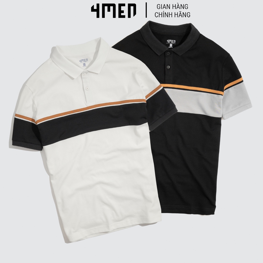 Áo thun polo nam có cổ đẹp 4MEN PO044 cổ trụ bẻ, vải cá sấu cotton cao cấp, phối màu kẻ ngang, chính hãng hàng hiệu | BigBuy360 - bigbuy360.vn