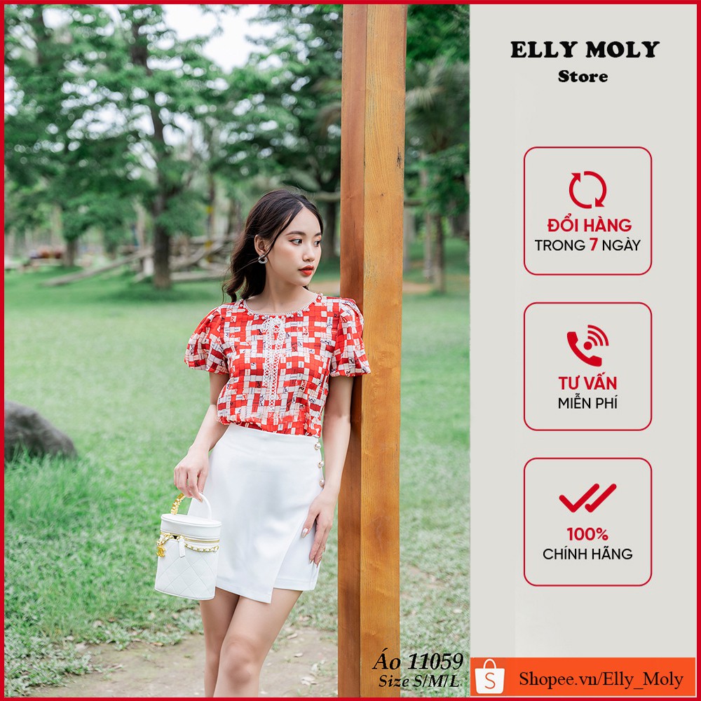 Áo sơ mi họa tiết nơ ren, ống tay dáng bom, bồng bềnh, trẻ trung chất liệu chiffon EM-11059