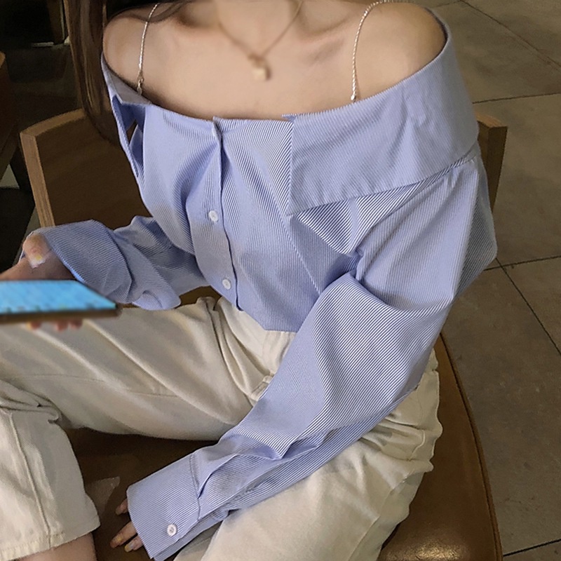 Áo sơ mi tay dài trễ vai màu sắc thời trang dành cho nữ