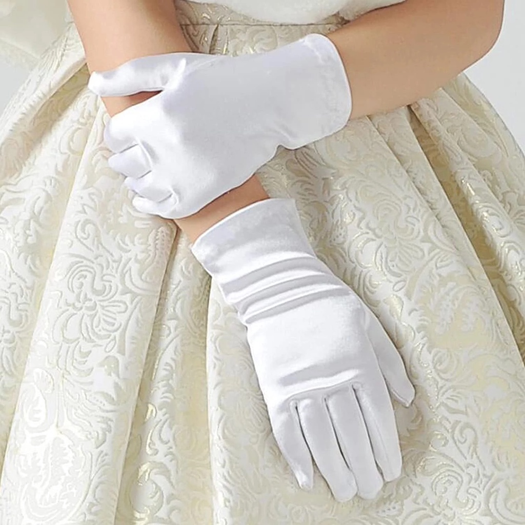 Găng Tay Công Chúa Vải Satin Mềm Mại Co Giãn Hình Bông Hoa Màu Trắng Trang Trọng Thời Trang Dành Cho Bé Gái Trong Tiệc Cưới Hoặc Nhảy Múa