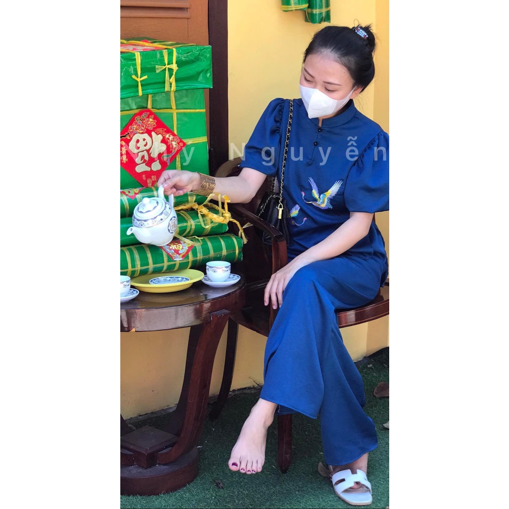 ( HCM ) Mẫu Phật Tử Thêu Hạc Chất Vải Cát Nhung MÀU XANH