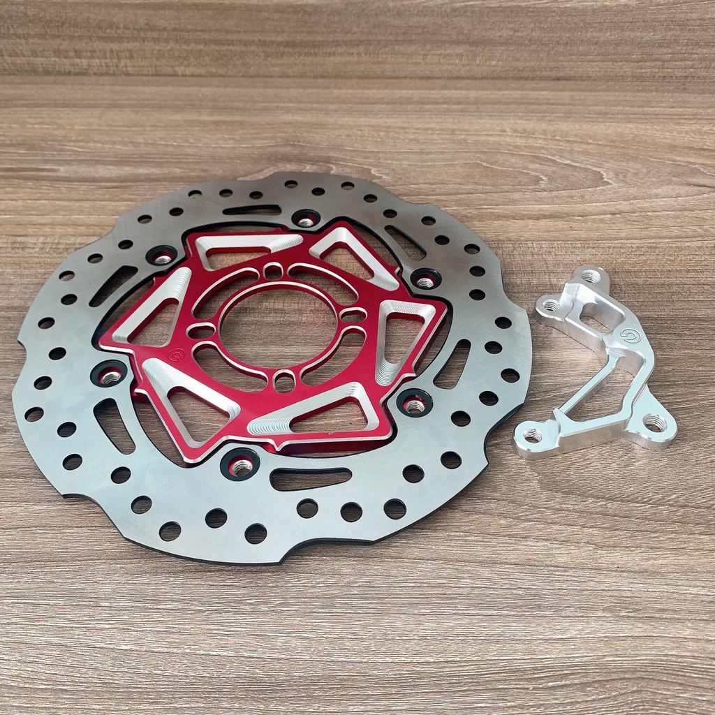 COMBO xe SIRIUS Đĩa Thắng Trước luôn Lòng 4 lỗ Màu đỏ size 260mm + Pát CNC gắn Trước Xe SIRIUS gắn Heo Dầu 2pis đối xứng