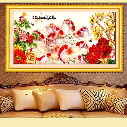 HÀNG LOẠI 1 - Tranh Đính Đá CÁ CỬU NGƯ QUẦN HỘI. Kích Thước: 1m15 x 50cm - 1m65 x 70cm